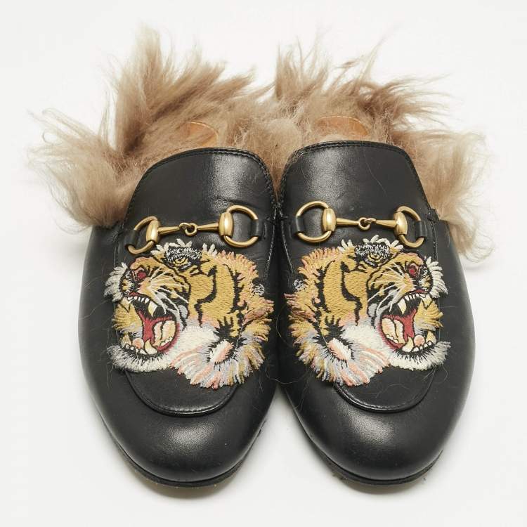 Pre Owned Gucci Black Fur and Leather Princetown Mules Size 37