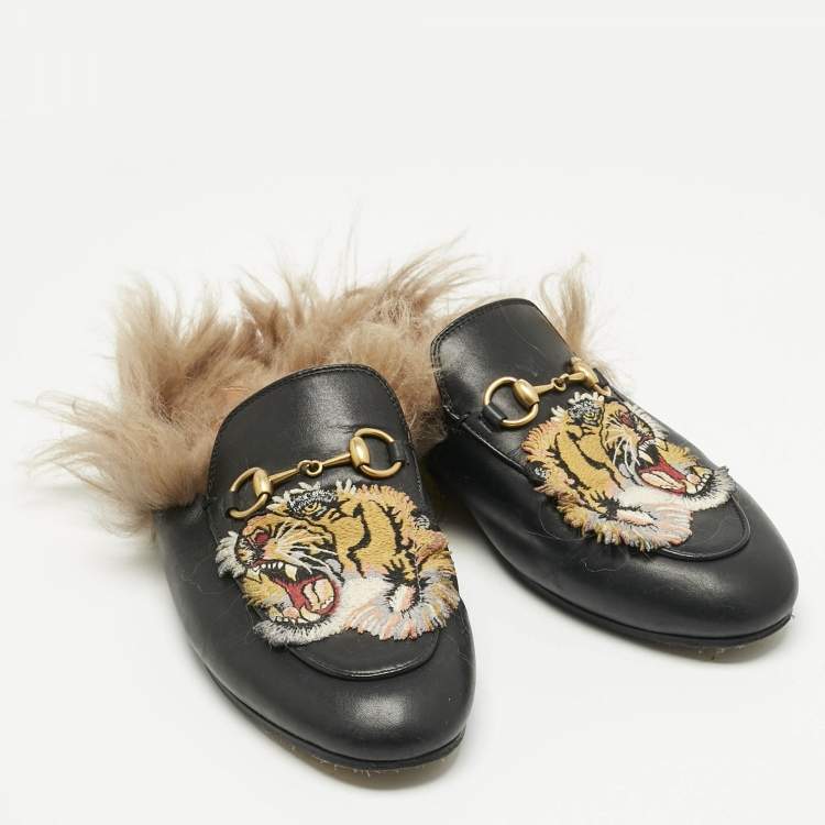 Pre Owned Gucci Black Fur and Leather Princetown Mules Size 37