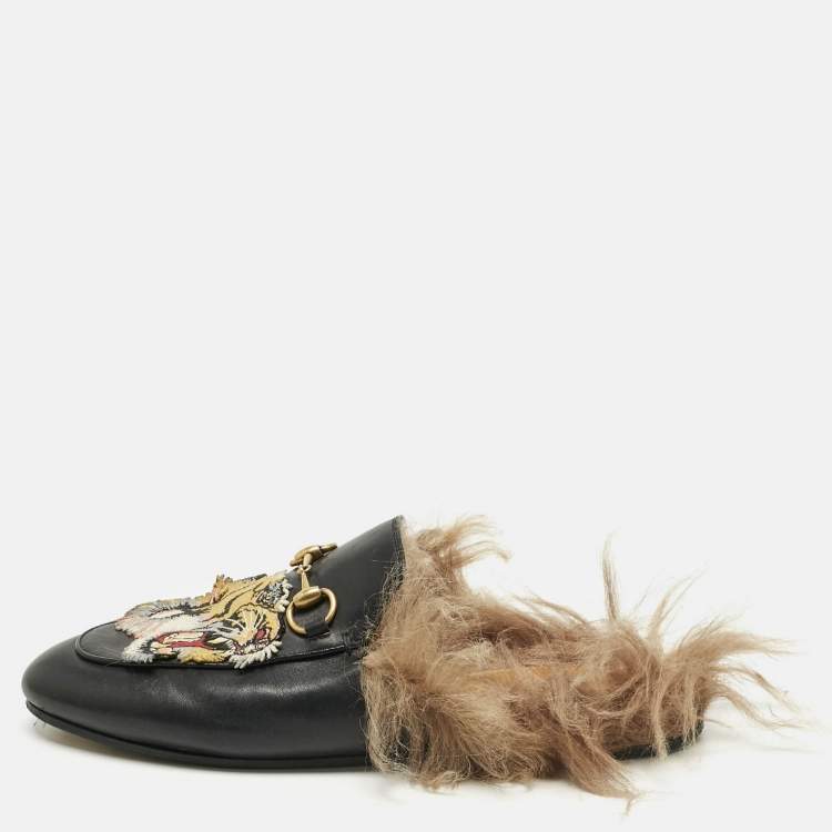 Pre Owned Gucci Black Fur and Leather Princetown Mules Size 37