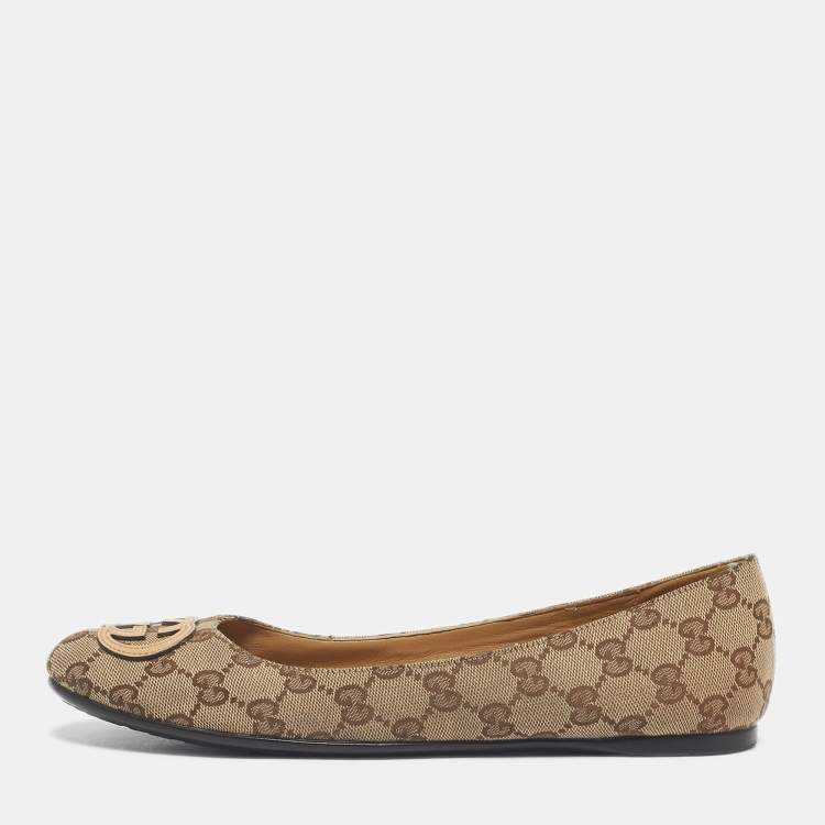 Pre Owned Gucci Beige/Brown GG Canvas Ballet Flats Size 39.5