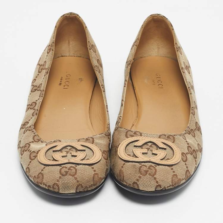 Pre Owned Gucci Beige/Brown GG Canvas Ballet Flats Size 39.5