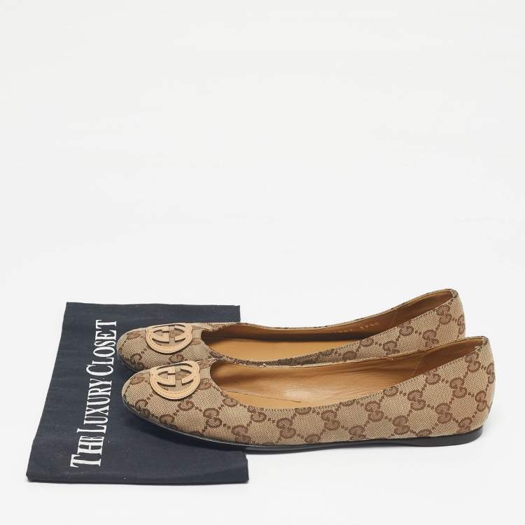 Pre Owned Gucci Beige/Brown GG Canvas Ballet Flats Size 39.5