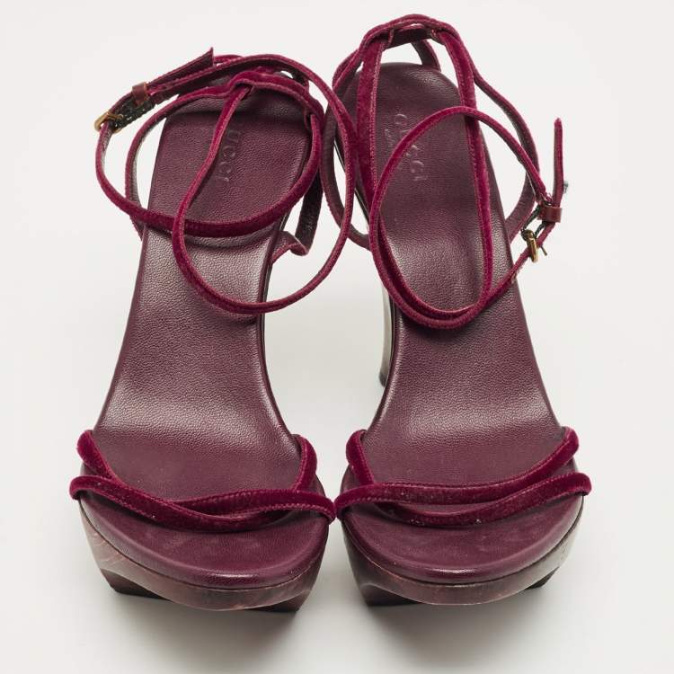 Pre Owned Gucci Burgundy Velvet Ankle Strap Wedge  Sandals Size 38