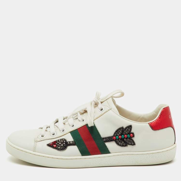 Pre Owned Gucci White Leather Crystal Embellished Arrow Ace Low Top Sneakers Size 38