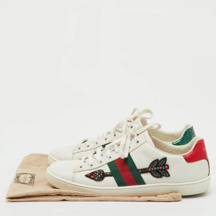 Pre Owned Gucci White Leather Crystal Embellished Arrow Ace Low Top Sneakers Size 38