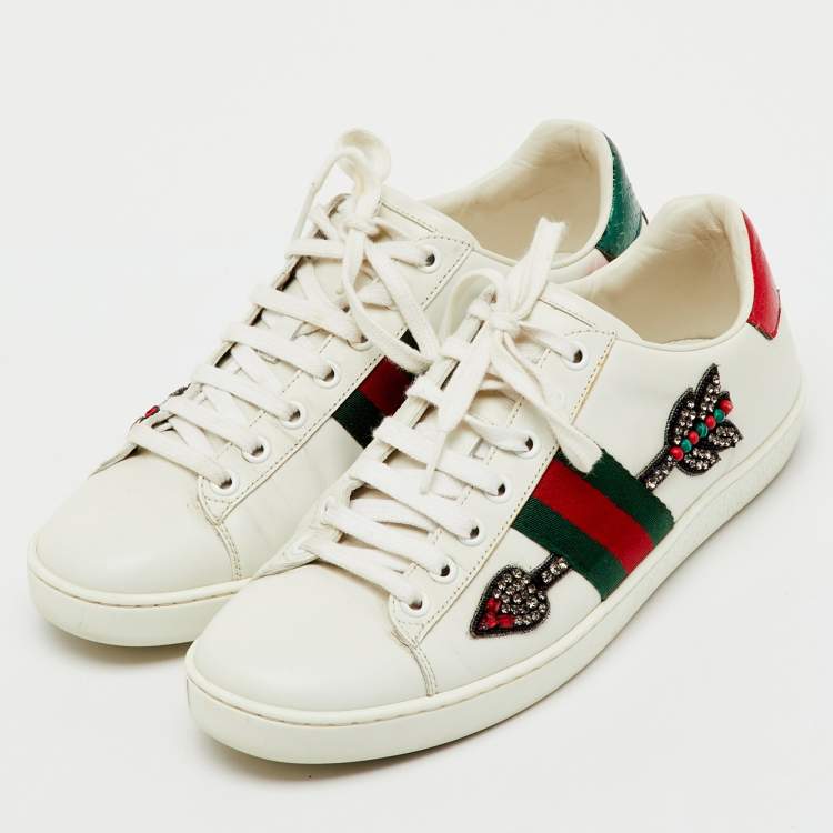 Pre Owned Gucci White Leather Crystal Embellished Arrow Ace Low Top Sneakers Size 38