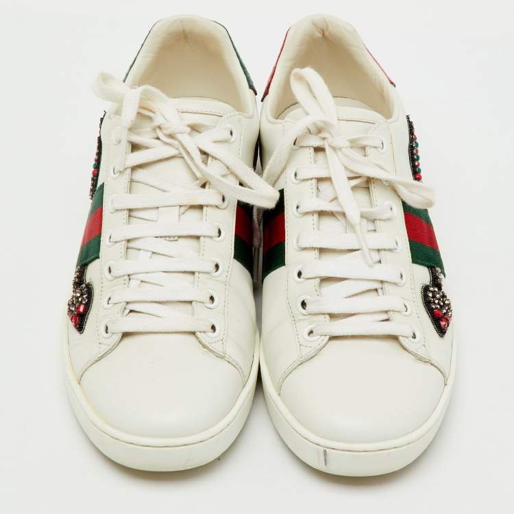 Pre Owned Gucci White Leather Crystal Embellished Arrow Ace Low Top Sneakers Size 38