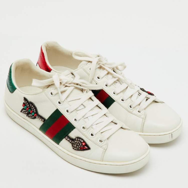 Pre Owned Gucci White Leather Crystal Embellished Arrow Ace Low Top Sneakers Size 38