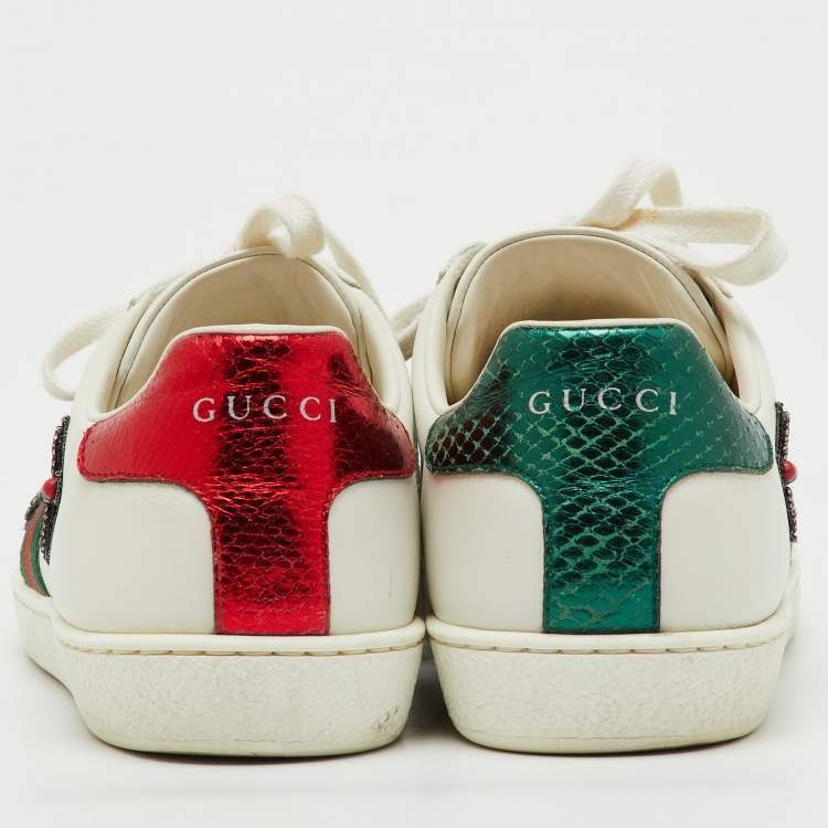 Pre Owned Gucci White Leather Crystal Embellished Arrow Ace Low Top Sneakers Size 38