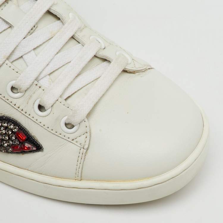Pre Owned Gucci White Leather Crystal Embellished Arrow Ace Low Top Sneakers Size 38