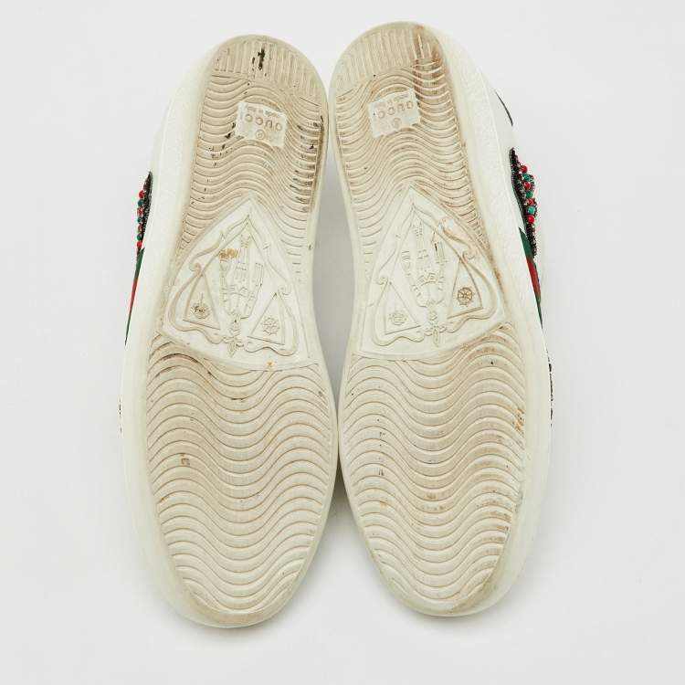 Pre Owned Gucci White Leather Crystal Embellished Arrow Ace Low Top Sneakers Size 38