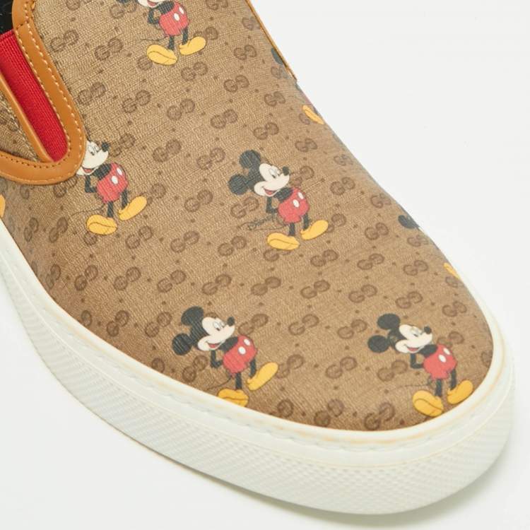 Pre Owned Disney x Gucci Brown GG Supreme Canvas Slip-On Mickey Mouse Sneakers Size 44.5