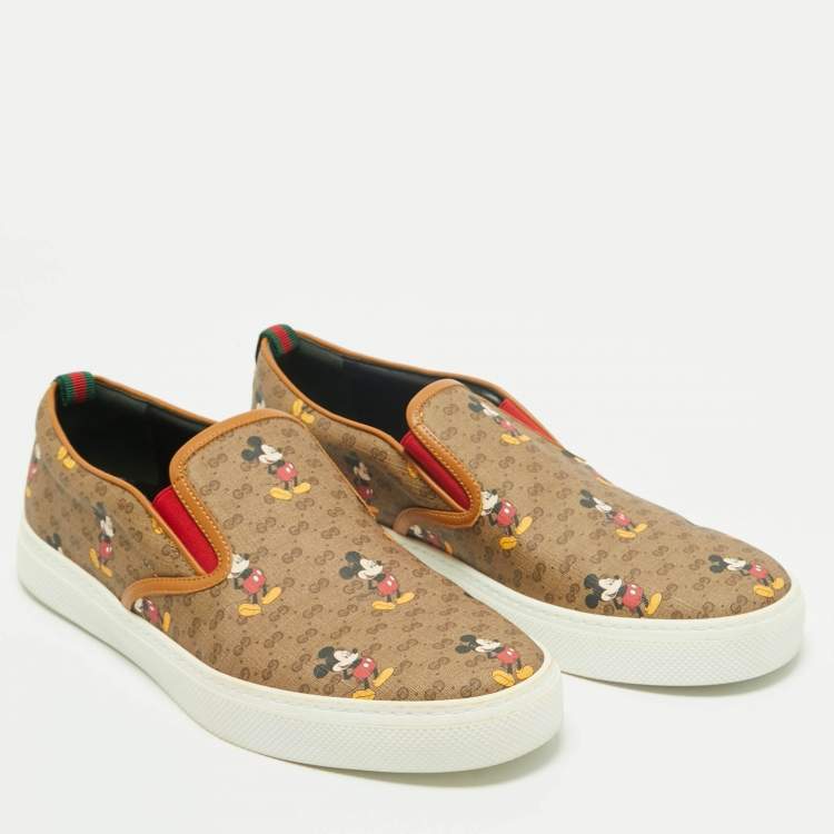 Pre Owned Disney x Gucci Brown GG Supreme Canvas Slip-On Mickey Mouse Sneakers Size 44.5