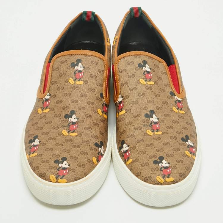 Pre Owned Disney x Gucci Brown GG Supreme Canvas Slip-On Mickey Mouse Sneakers Size 44.5