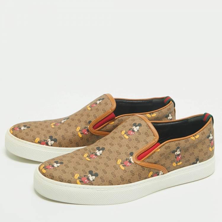 Pre Owned Disney x Gucci Brown GG Supreme Canvas Slip-On Mickey Mouse Sneakers Size 44.5
