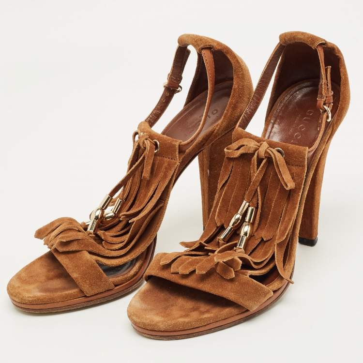 Pre Owned Gucci Brown Suede Fringe Bow Slingback Sandals Size 36