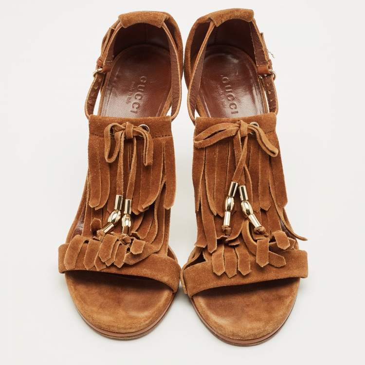 Pre Owned Gucci Brown Suede Fringe Bow Slingback Sandals Size 36