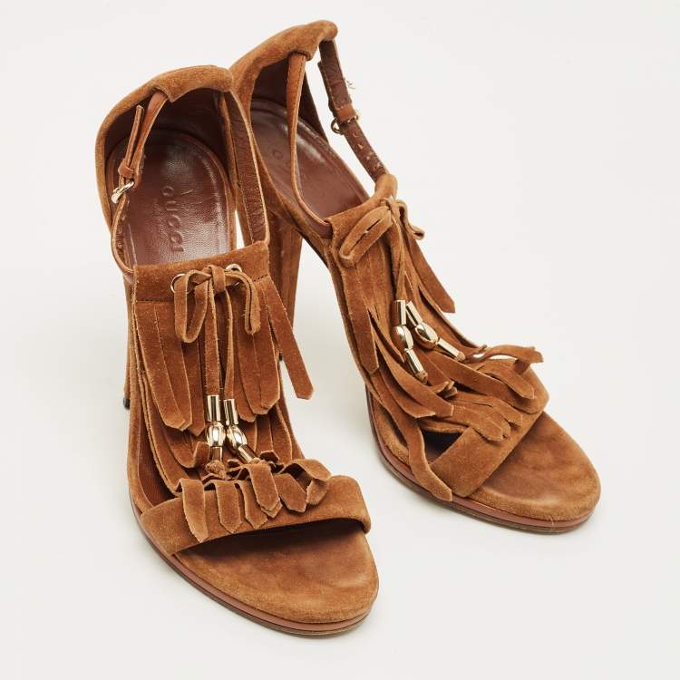 Pre Owned Gucci Brown Suede Fringe Bow Slingback Sandals Size 36