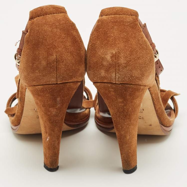 Pre Owned Gucci Brown Suede Fringe Bow Slingback Sandals Size 36