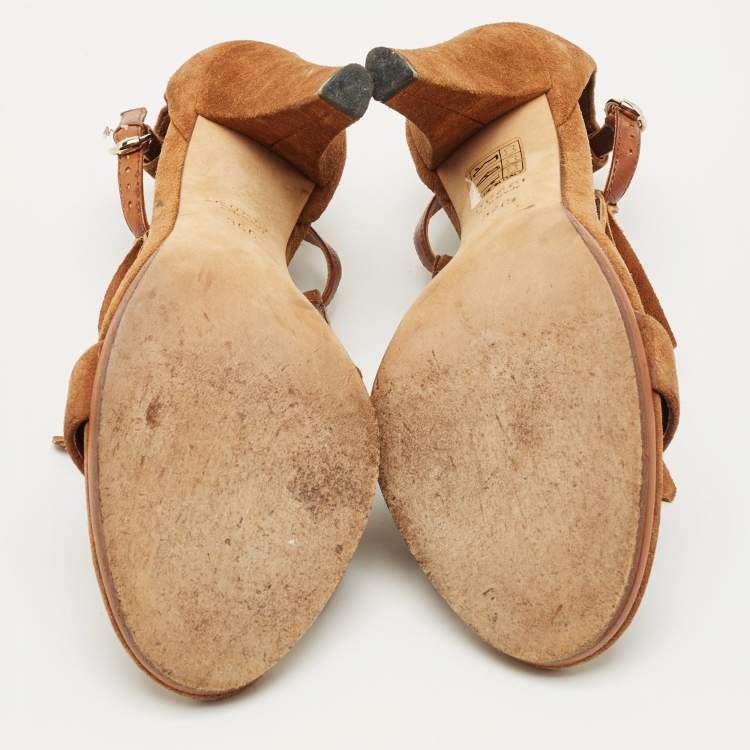 Pre Owned Gucci Brown Suede Fringe Bow Slingback Sandals Size 36