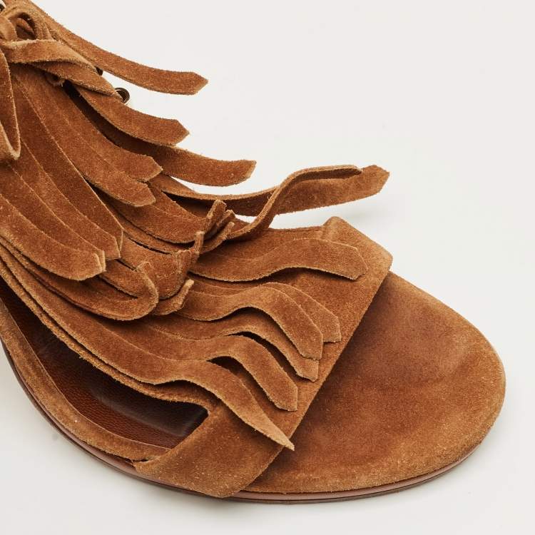 Pre Owned Gucci Brown Suede Fringe Bow Slingback Sandals Size 36