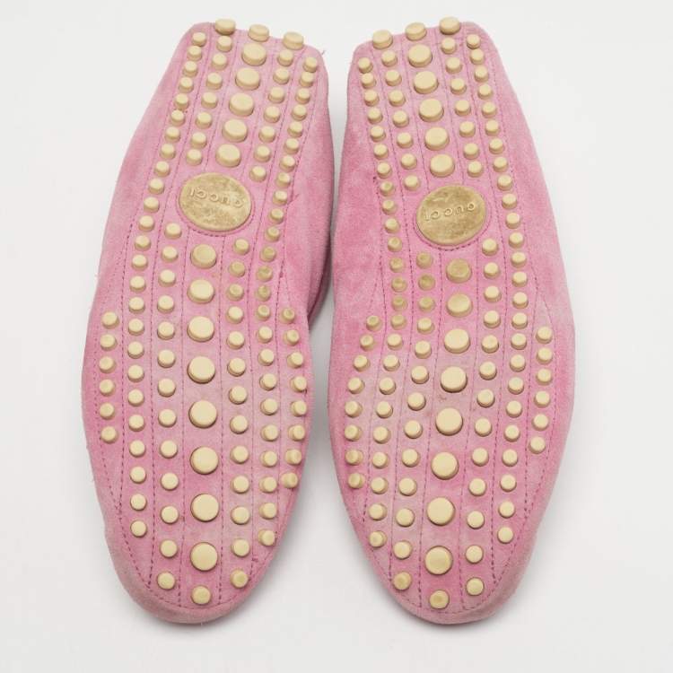 Pre Owned Gucci Pink Leather and Suede Microguccissima Loafers Size 38.5