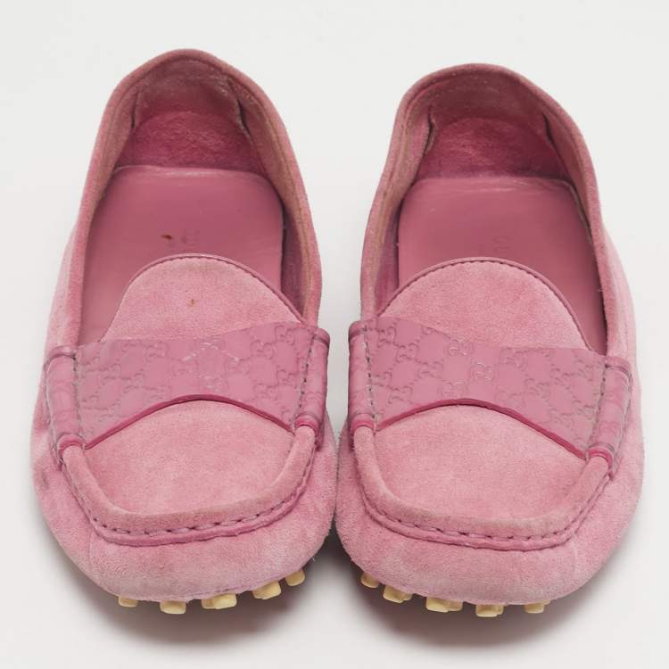 Pre Owned Gucci Pink Leather and Suede Microguccissima Loafers Size 38.5
