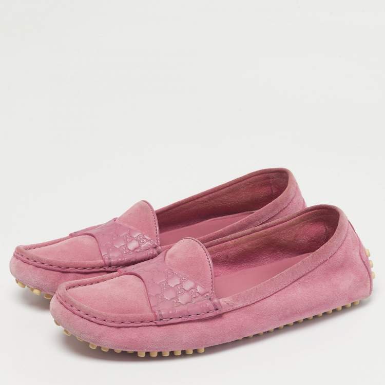 Pre Owned Gucci Pink Leather and Suede Microguccissima Loafers Size 38.5