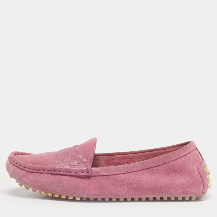 Pre Owned Gucci Pink Leather and Suede Microguccissima Loafers Size 38.5