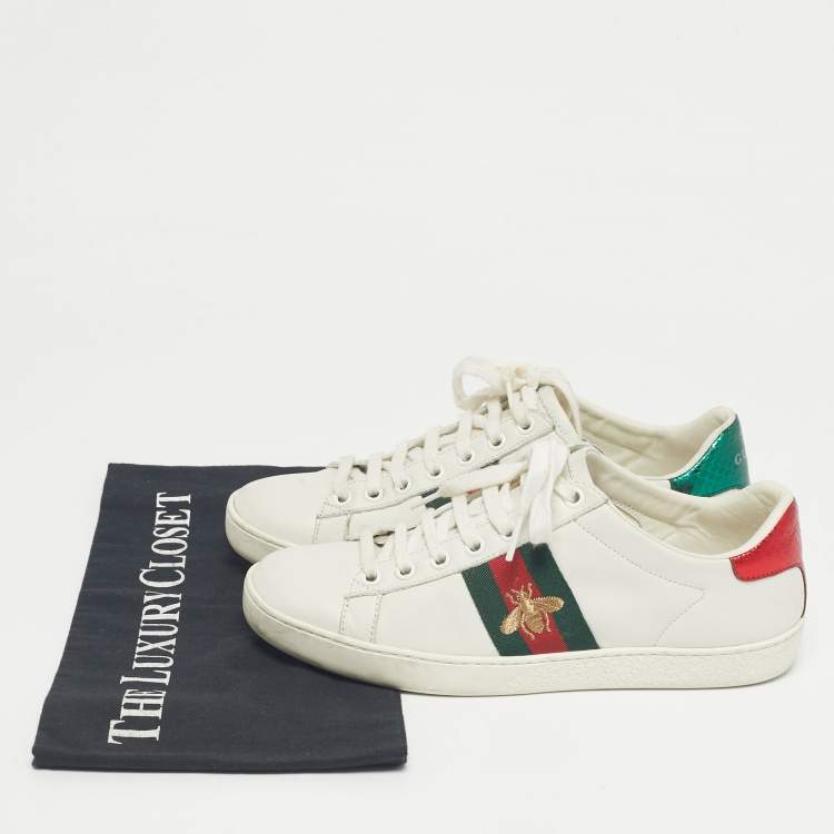 Pre Owned Gucci White Snakeskin Embossed and Leather Ace Lace Up Sneakers Size 36