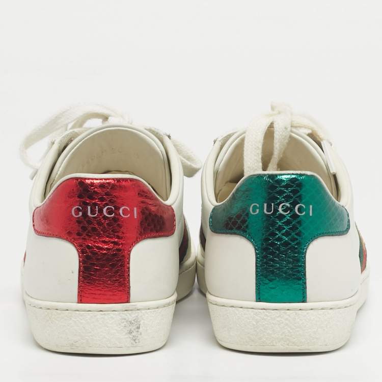 Pre Owned Gucci White Snakeskin Embossed and Leather Ace Lace Up Sneakers Size 36