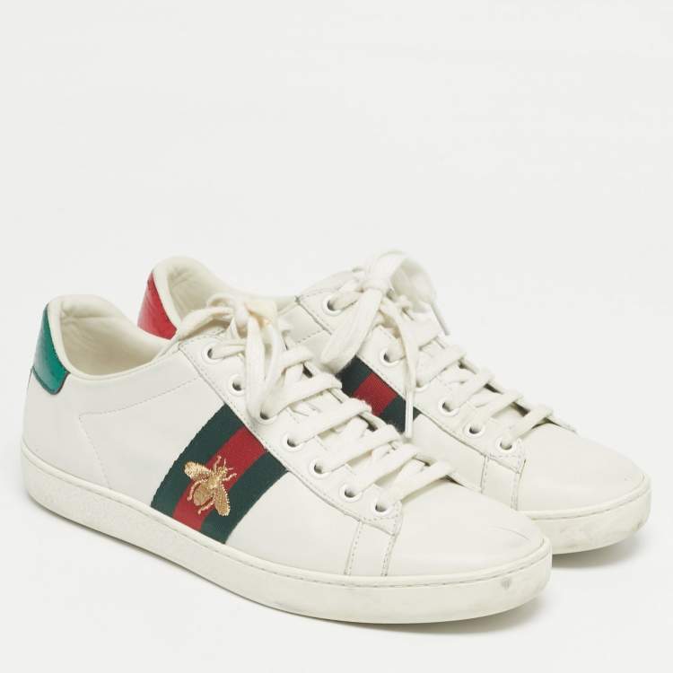 Pre Owned Gucci White Snakeskin Embossed and Leather Ace Lace Up Sneakers Size 36