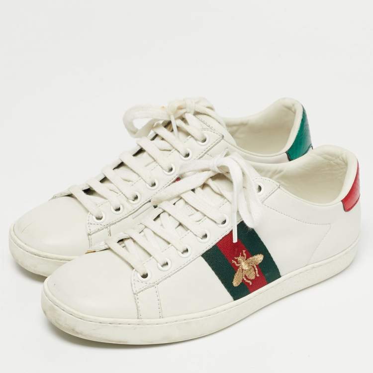 Pre Owned Gucci White Snakeskin Embossed and Leather Ace Lace Up Sneakers Size 36