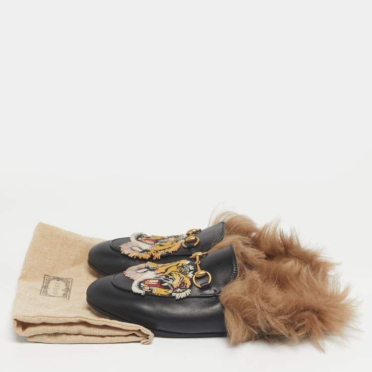 Pre Owned Gucci Black Leather and Fur Tiger Patch Princetown Flat Mules Size 37.5