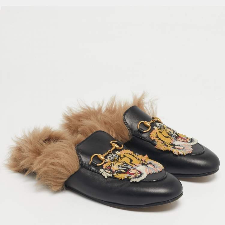 Pre Owned Gucci Black Leather and Fur Tiger Patch Princetown Flat Mules Size 37.5