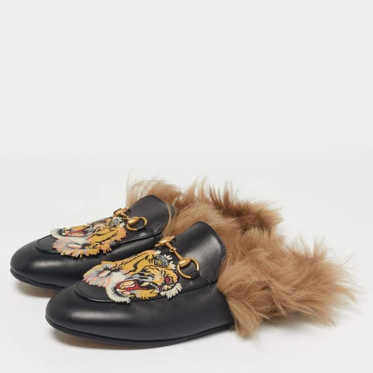 Pre Owned Gucci Black Leather and Fur Tiger Patch Princetown Flat Mules Size 37.5