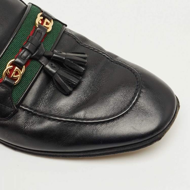 Pre Owned Gucci Black Leather Tassel Princetown Flat Mules Size 38