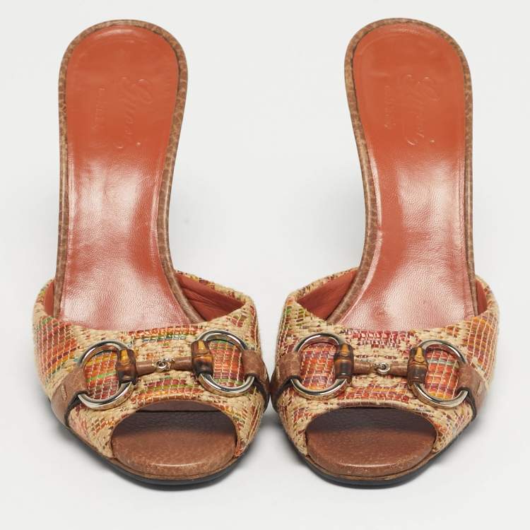 Pre Owned Gucci Beige Brown Orange Tweed Horsebit Slide Sandals Size 37