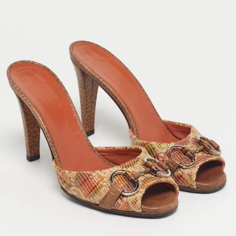 Pre Owned Gucci Beige Brown Orange Tweed Horsebit Slide Sandals Size 37