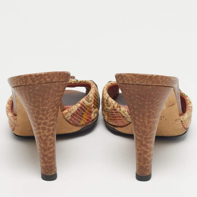 Pre Owned Gucci Beige Brown Orange Tweed Horsebit Slide Sandals Size 37