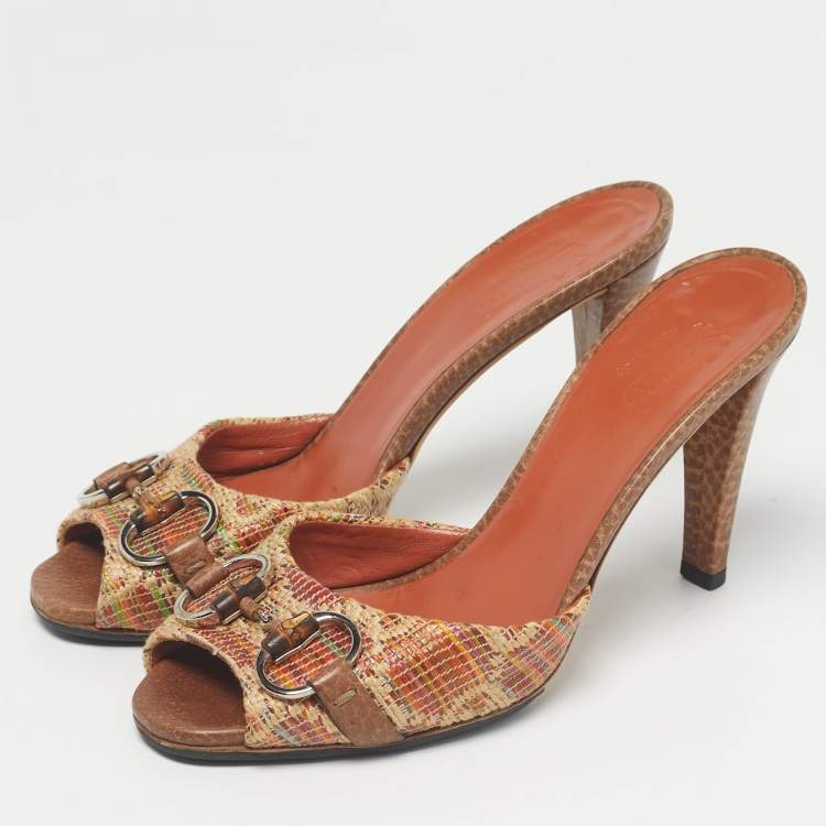 Pre Owned Gucci Beige Brown Orange Tweed Horsebit Slide Sandals Size 37