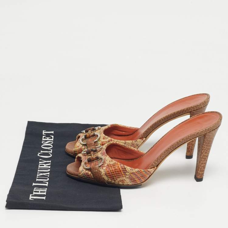 Pre Owned Gucci Beige Brown Orange Tweed Horsebit Slide Sandals Size 37