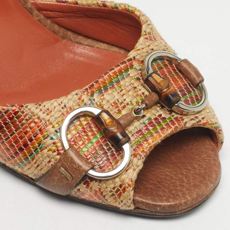 Pre Owned Gucci Beige Brown Orange Tweed Horsebit Slide Sandals Size 37