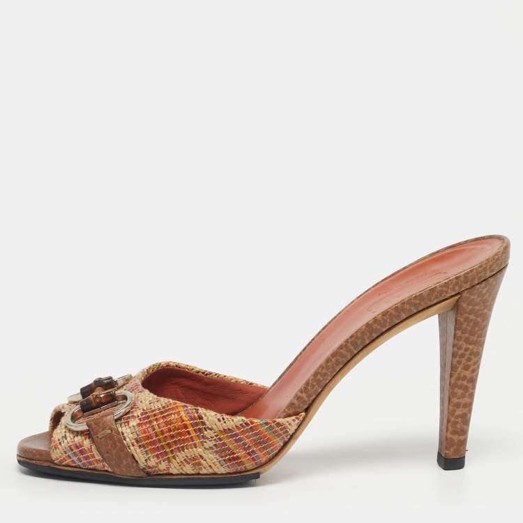 Pre Owned Gucci Beige Brown Orange Tweed Horsebit Slide Sandals Size 37