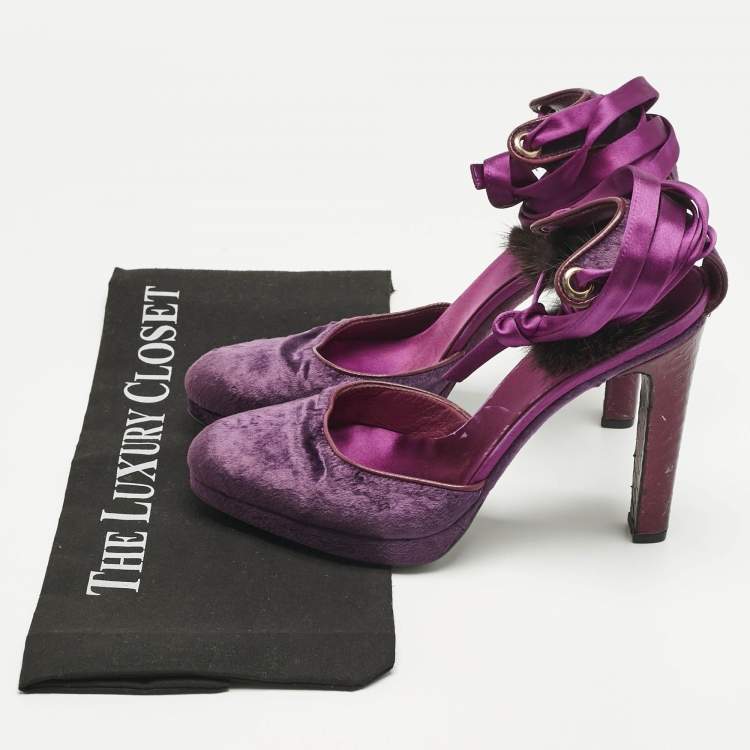 Pre Owned Gucci Purple Velvet and Mink Fur Ankle Strap Sandals Size 37