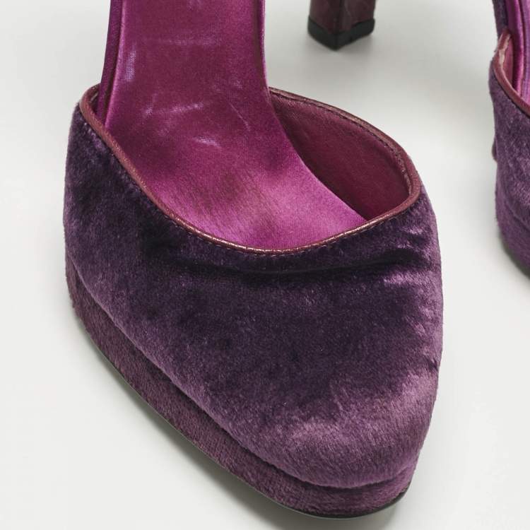 Pre Owned Gucci Purple Velvet and Mink Fur Ankle Strap Sandals Size 37