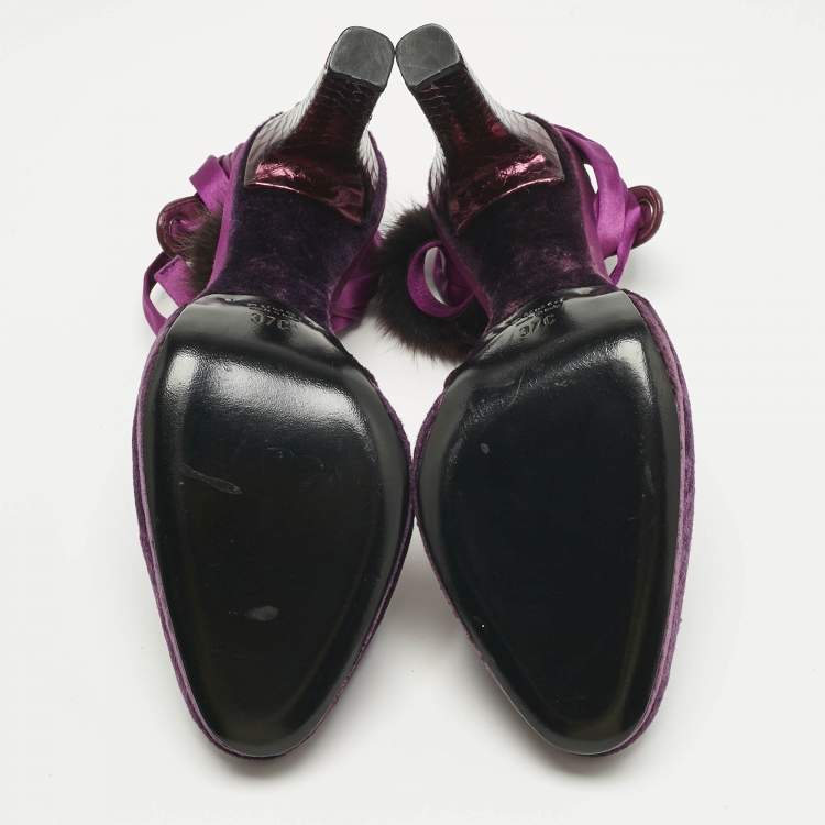 Pre Owned Gucci Purple Velvet and Mink Fur Ankle Strap Sandals Size 37