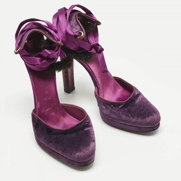Pre Owned Gucci Purple Velvet and Mink Fur Ankle Strap Sandals Size 37