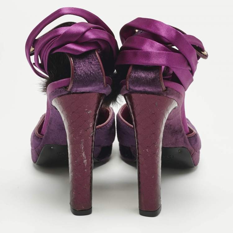 Pre Owned Gucci Purple Velvet and Mink Fur Ankle Strap Sandals Size 37