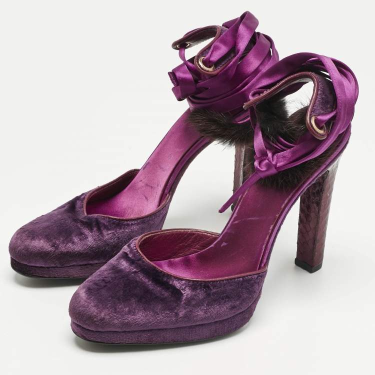 Pre Owned Gucci Purple Velvet and Mink Fur Ankle Strap Sandals Size 37